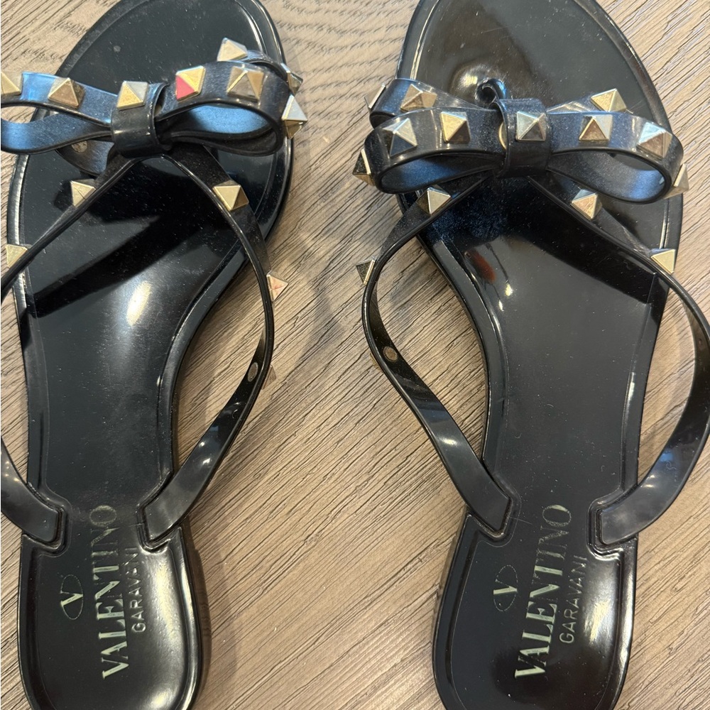 Valentino Black Sandals with Gold Accents